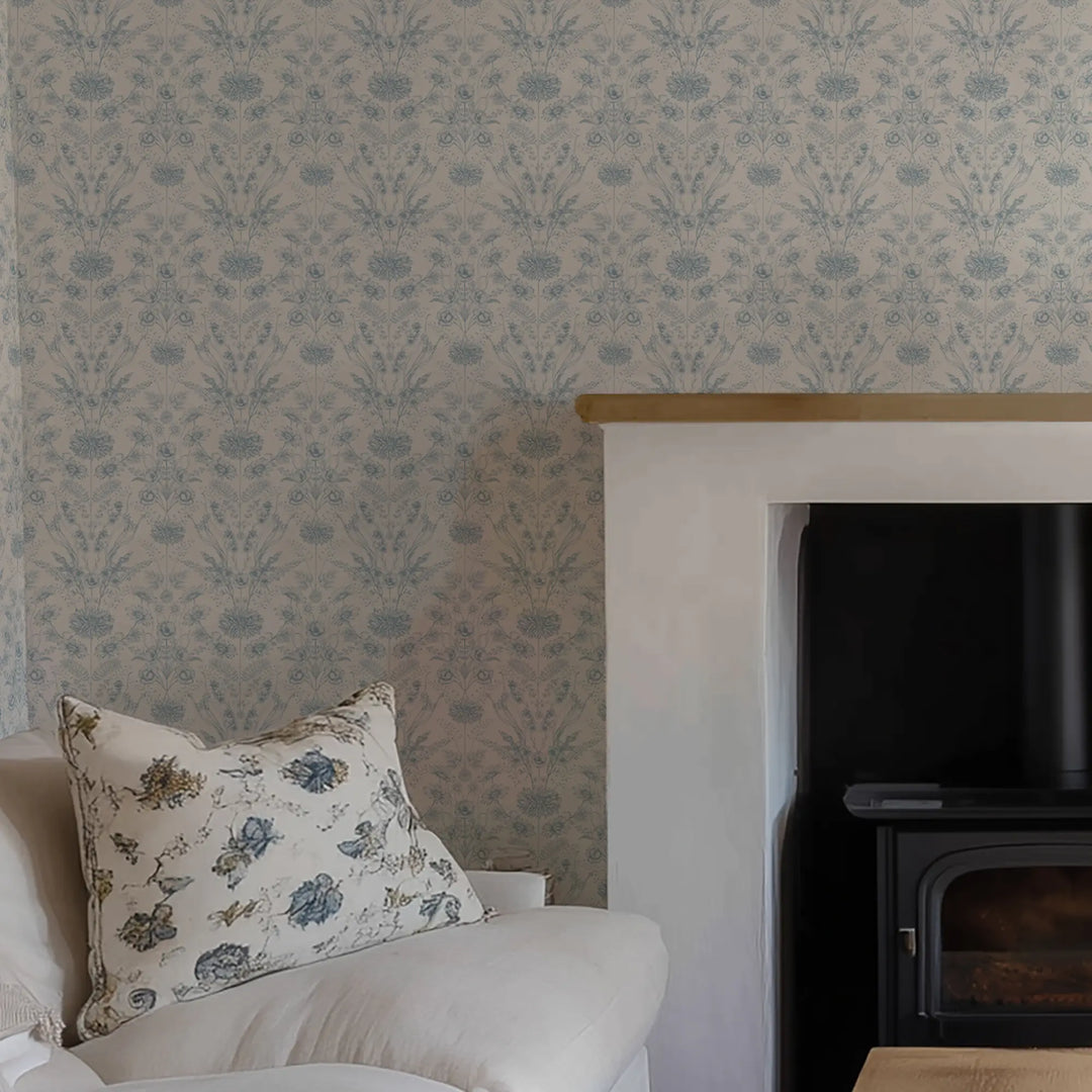 Grace Wallpaper in Cornflower Blue on Cream
