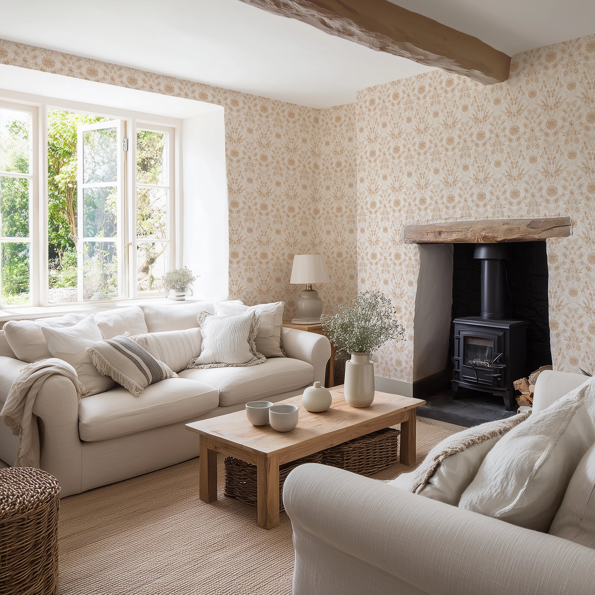 Cosy living room with terracotta floral wallpaper, beige sofas, a wooden coffee table, and a fireplace.