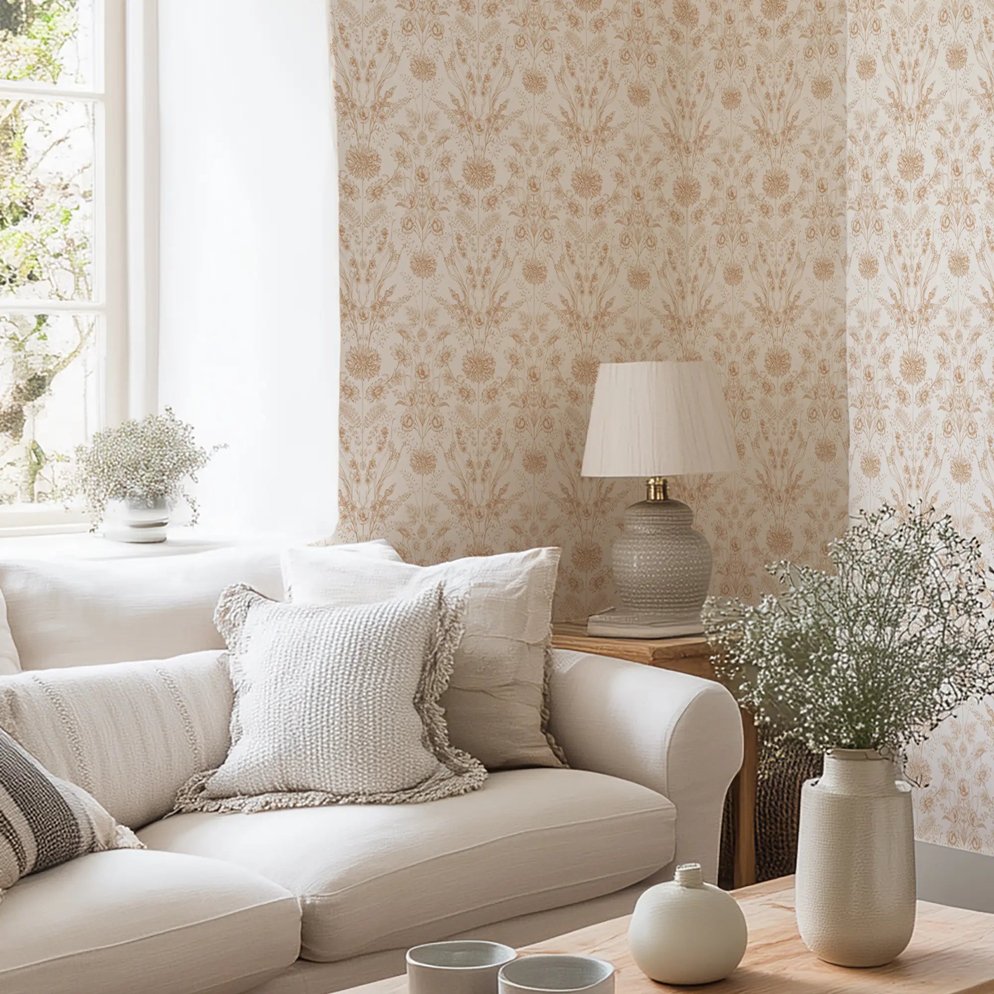 Living room with terracotta floral wallpaper, a beige sofa, decorative pillows, and a lamp on a side table.