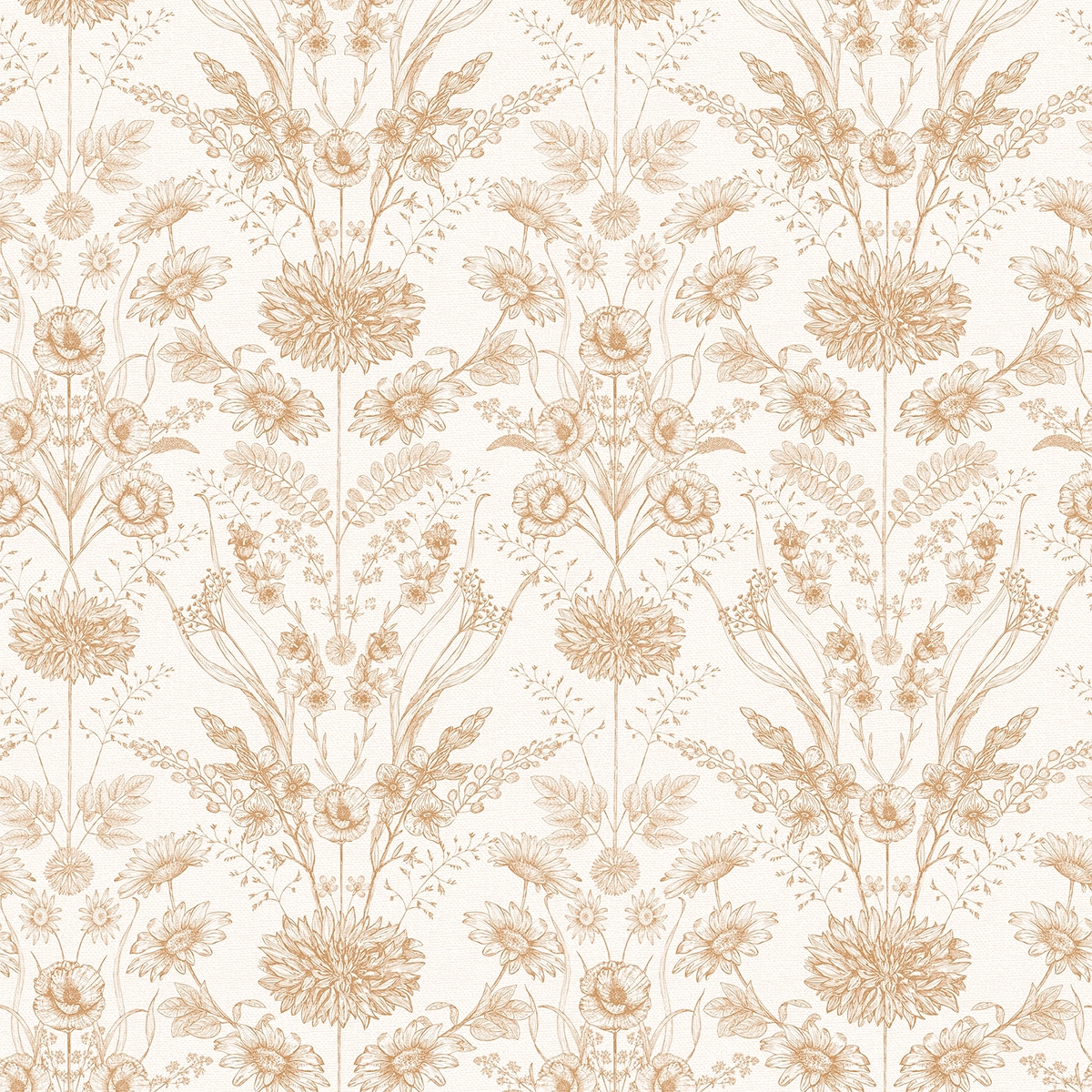Decorative floral-patterned wallpaper with terracotta flowers on a cream background.