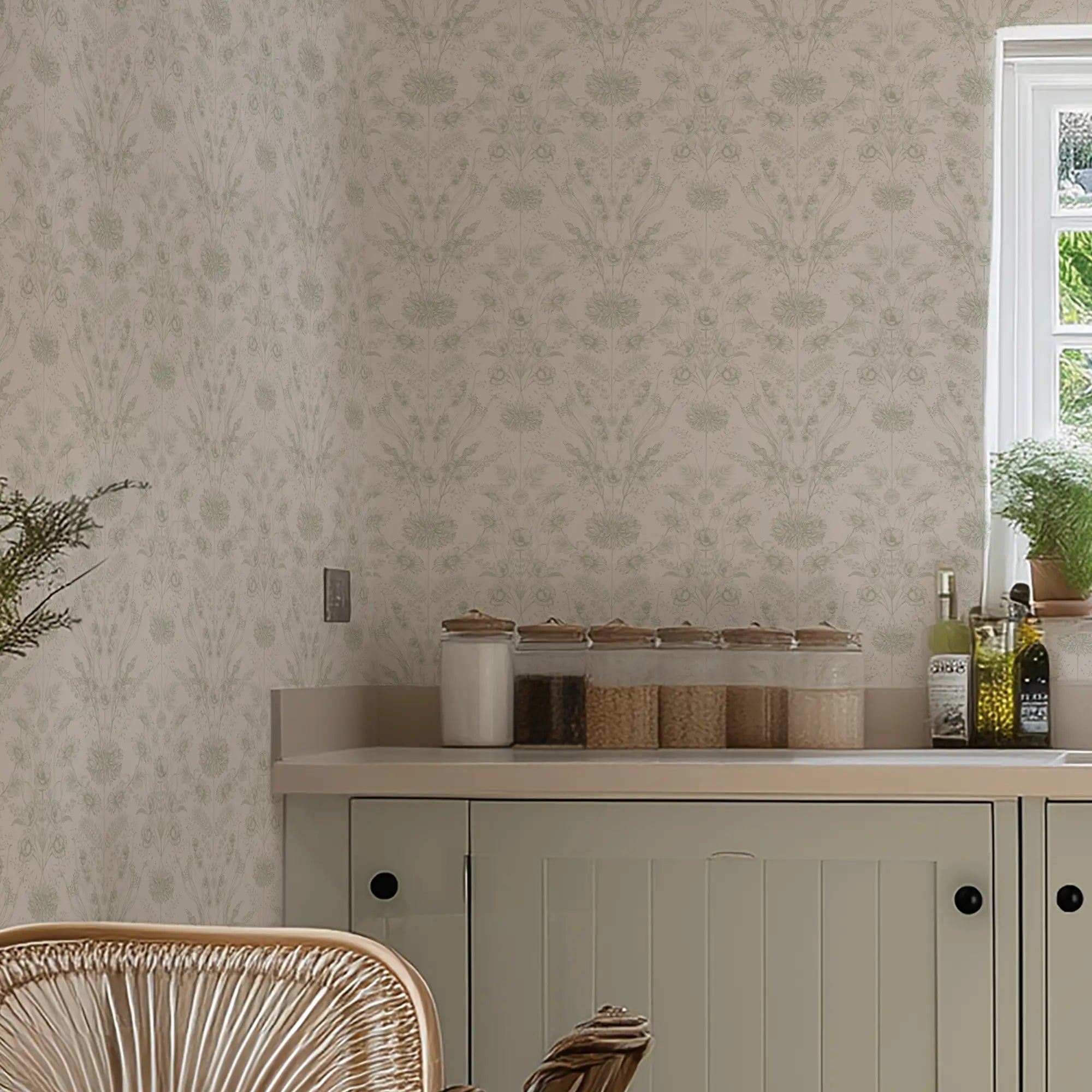 Grace Wallpaper in Sage on Windsor Cream