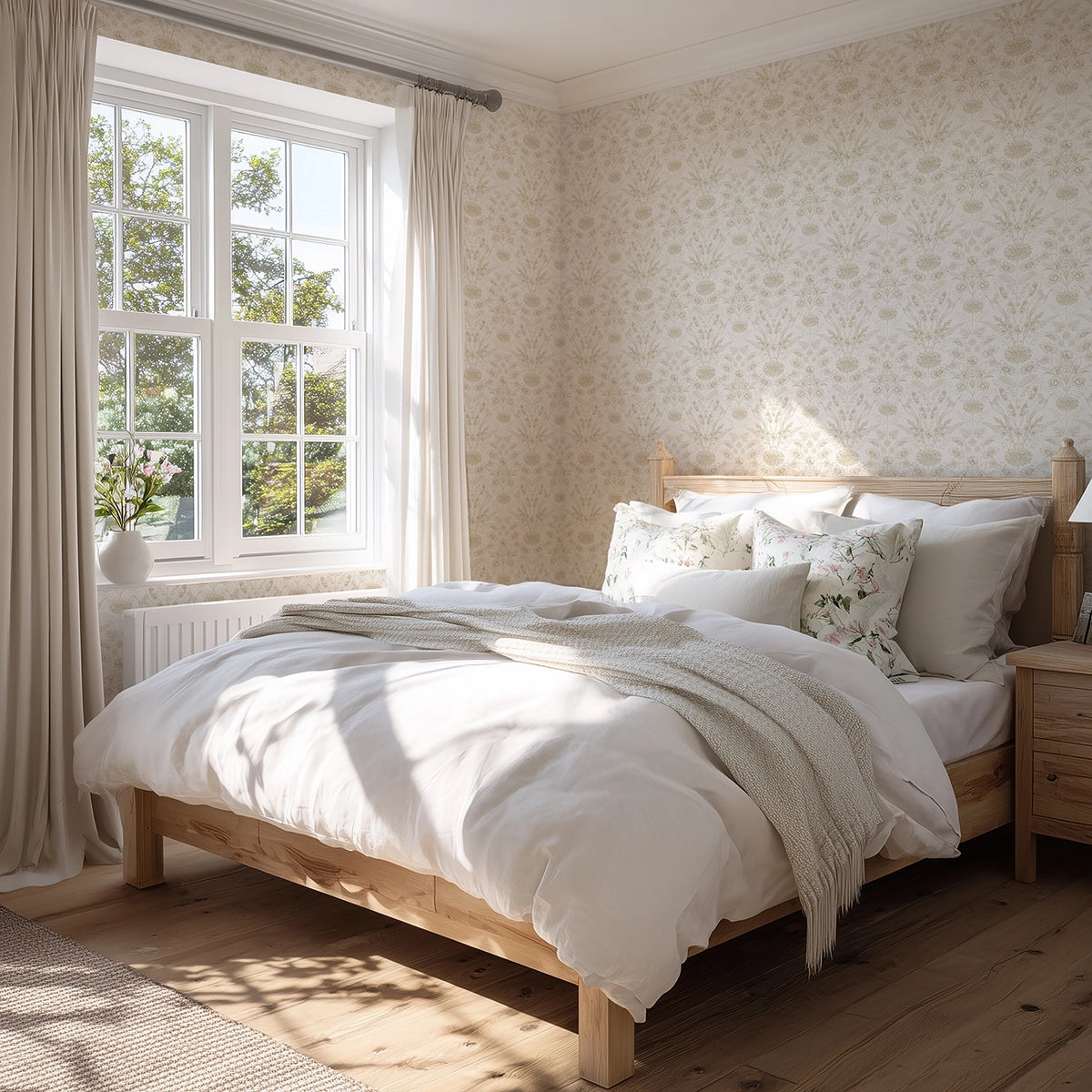 Bedroom with decorative floral wallpaper in beige, a wooden bed, white bedding, and a large window.