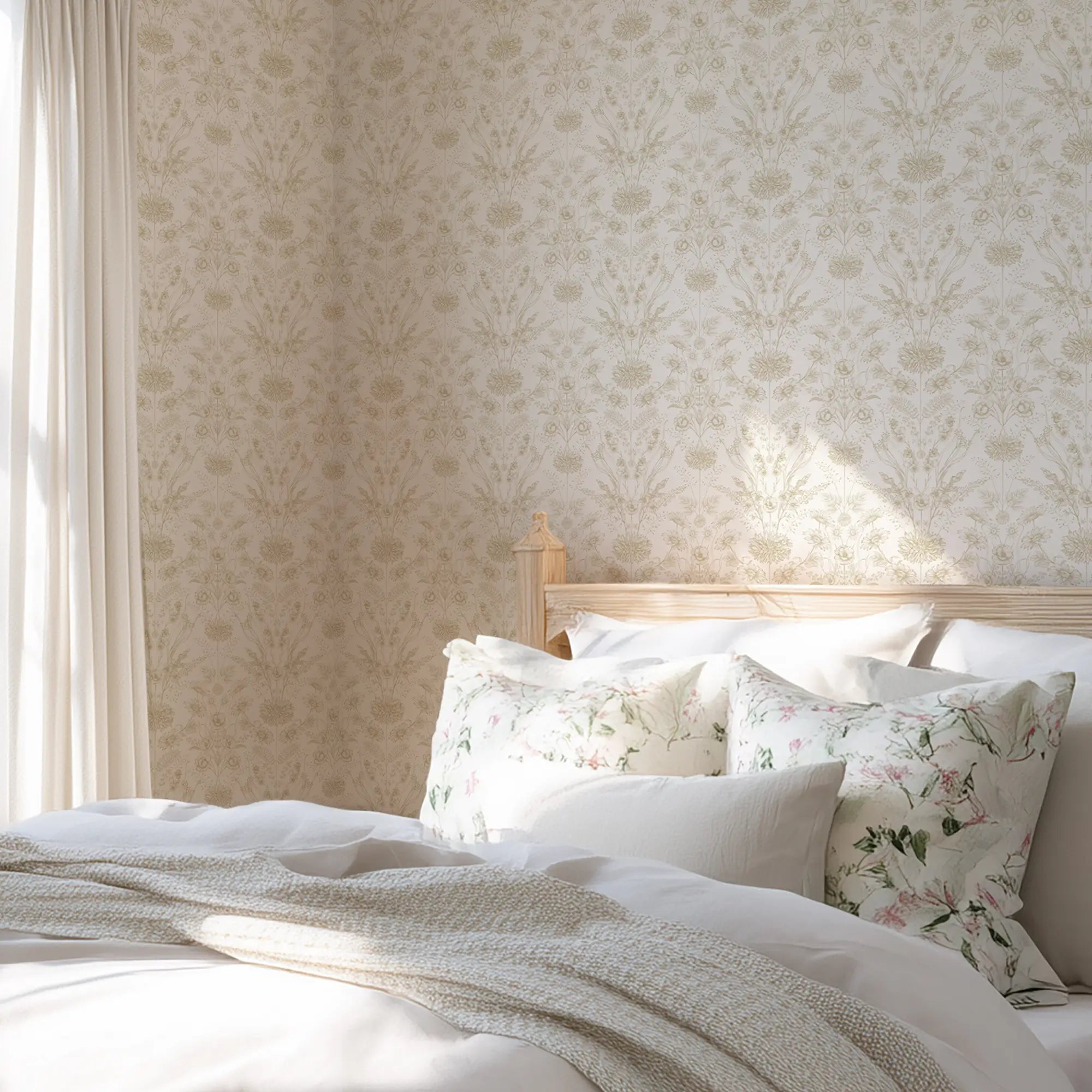 Bedroom with beige floral wallpaper and floral-patterned pillows on a bed.