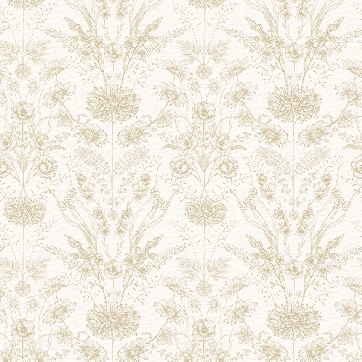 Floral-patterned wallpaper with beige flowers on a light cream background.