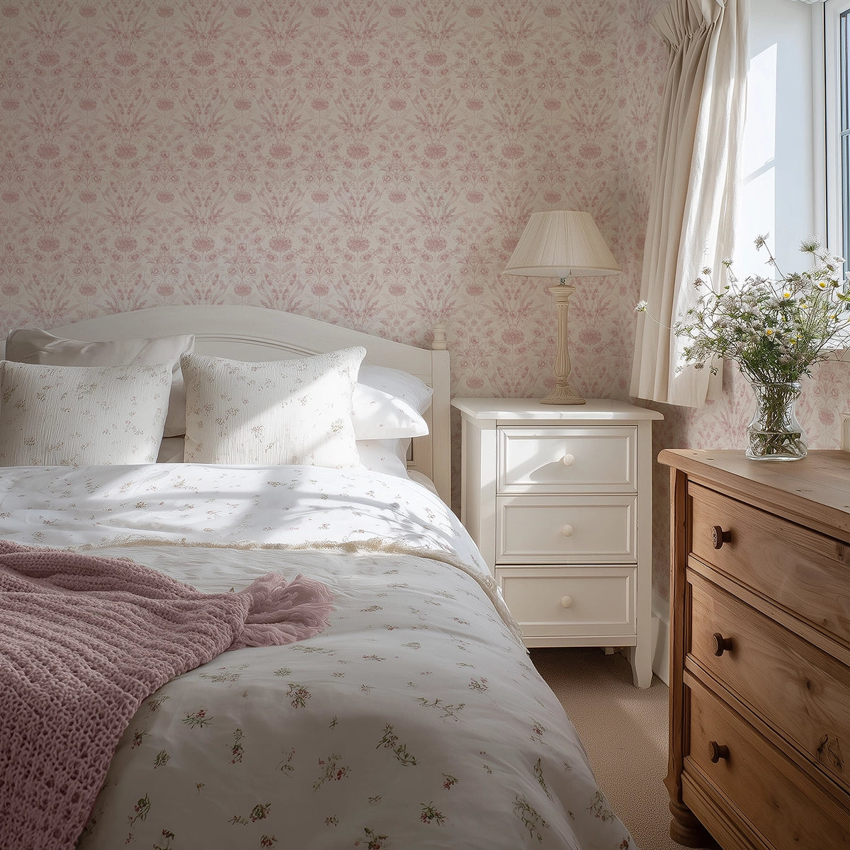 Bedroom with pink floral wallpaper, a wooden dresser, and a white nightstand.