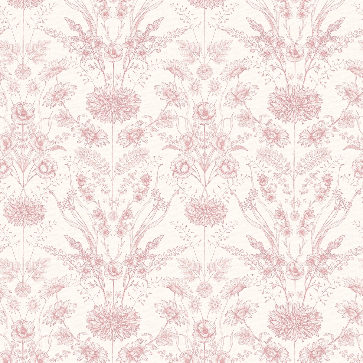 Floral-patterned wallpaper with pink flowers on a cream background.