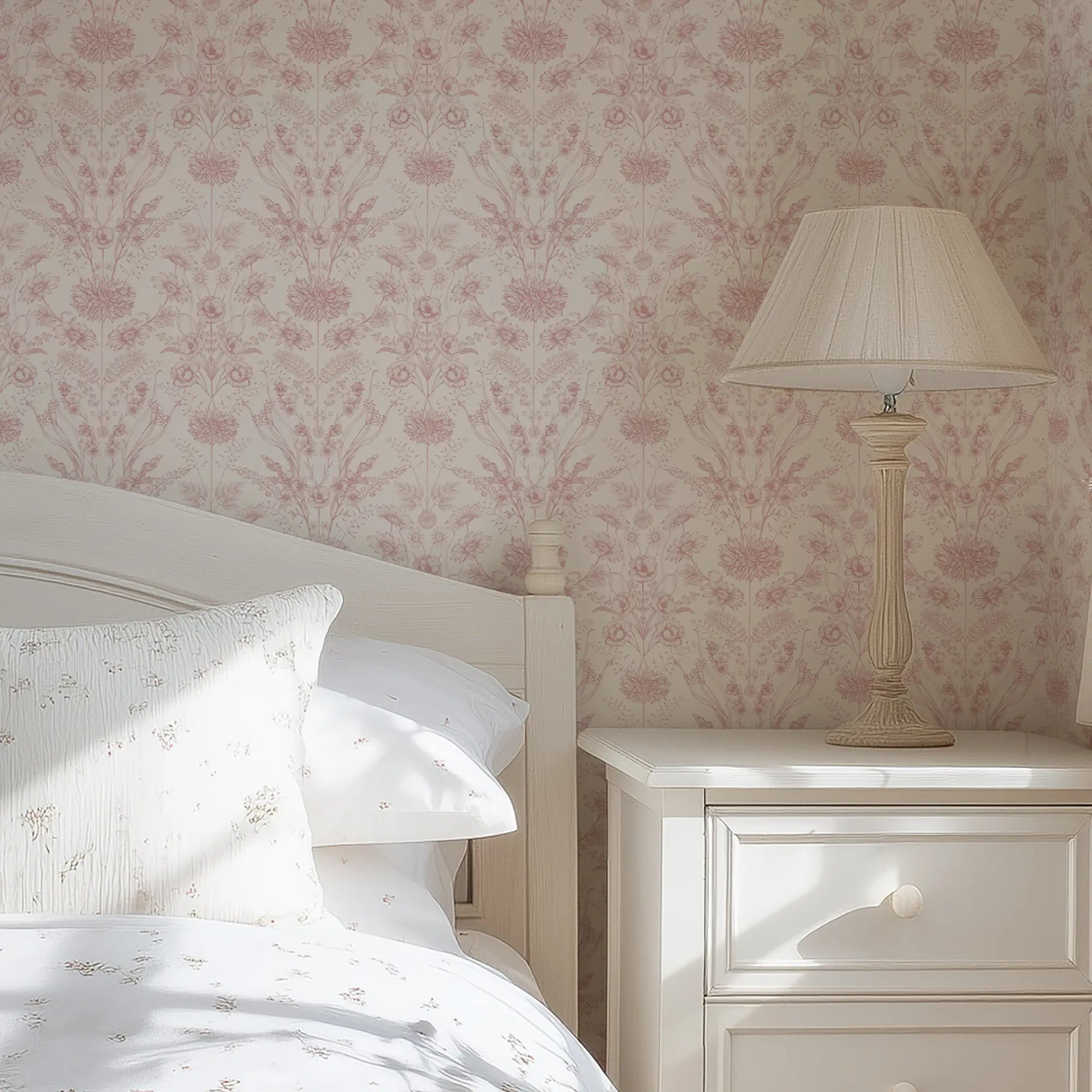 Bedroom with pink floral wallpaper, bed, and nightstand with lamp.