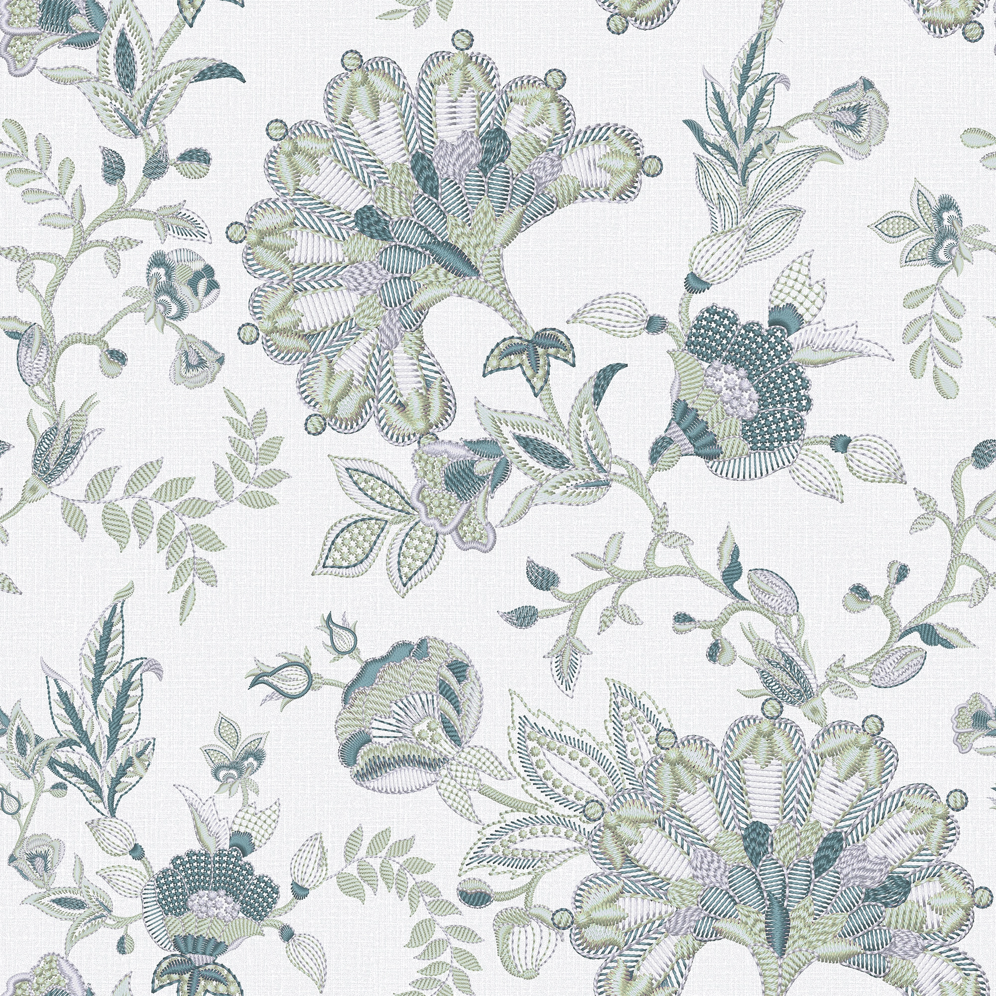 Grand Embroidery Wallpaper in Mint and Teal