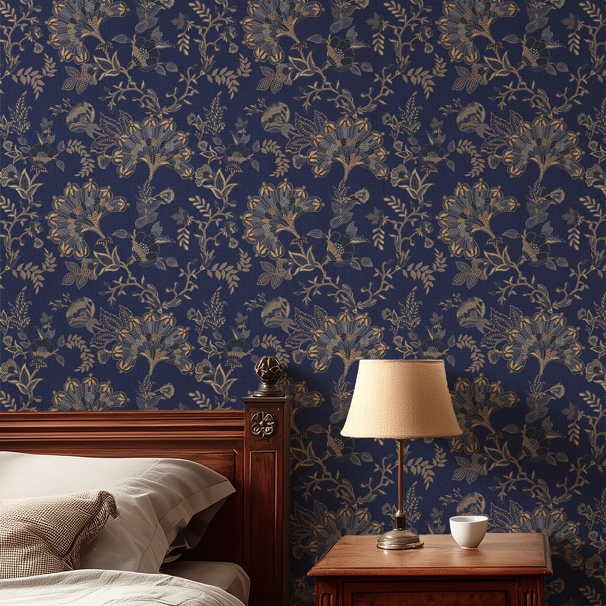 Grand Embroidery Wallpaper in Navy