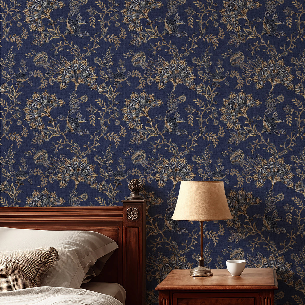 Grand Embroidery Wallpaper in Navy