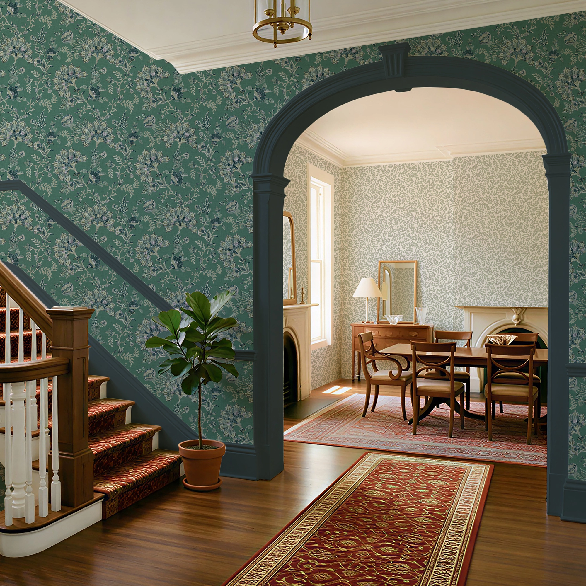 Grand Embroidery Wallpaper in Soft Blue and Teal