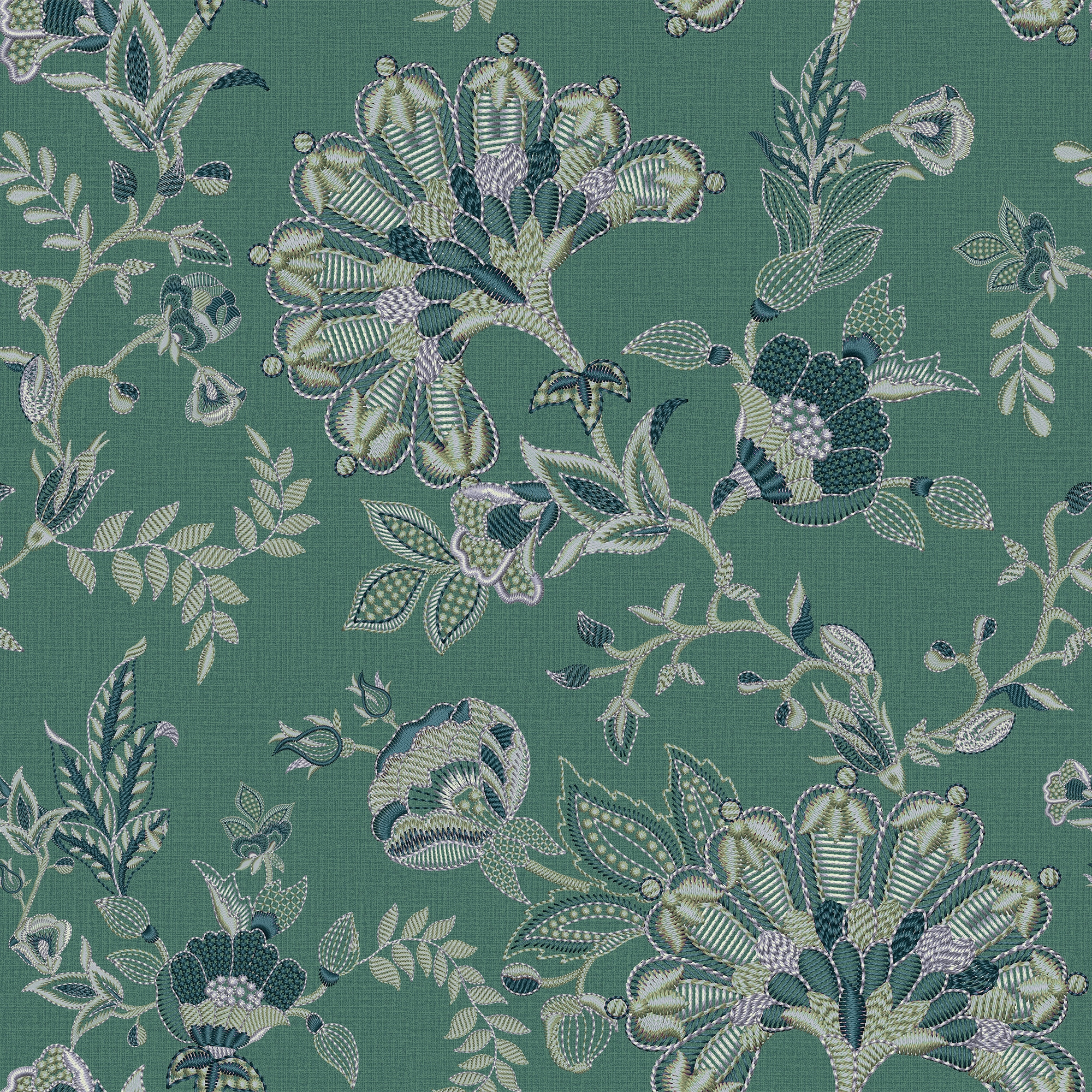 Grand Embroidery Wallpaper in Soft Blue and Teal