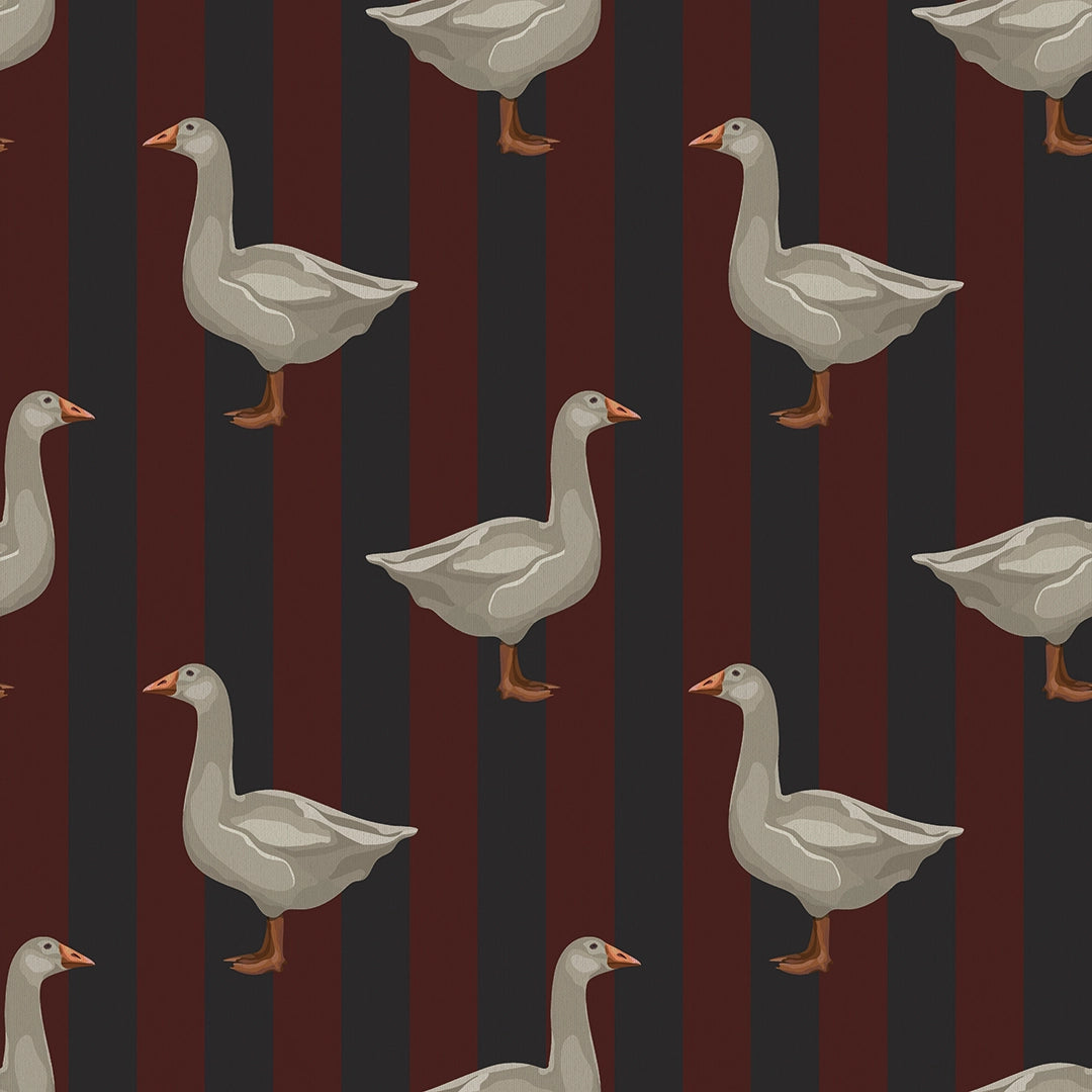 Sample of Guard Goose Wallpaper in Garnet and Oxford Blue