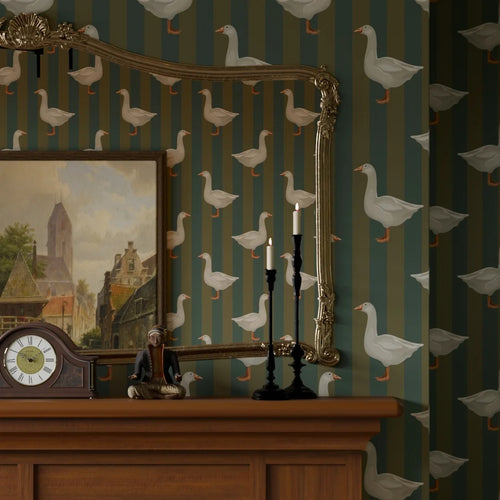 Guard Goose Wallpaper in Gentleman Green and Pine Green