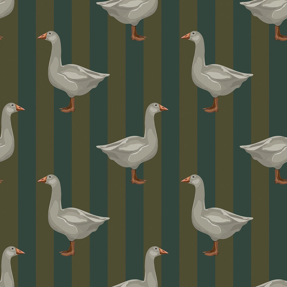 Guard Goose Wallpaper in Gentleman Green and Pine Green