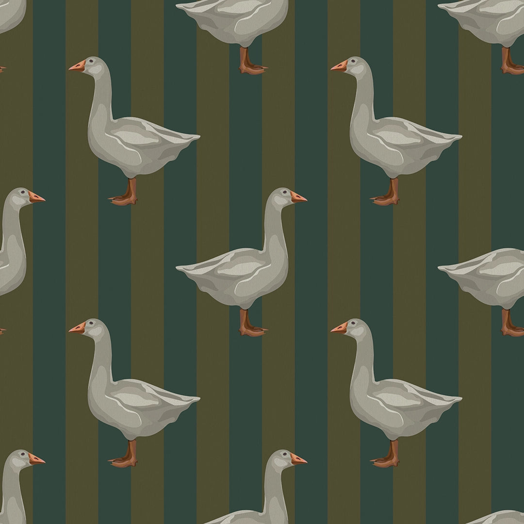 Guard Goose Wallpaper in Gentleman Green and Pine Green
