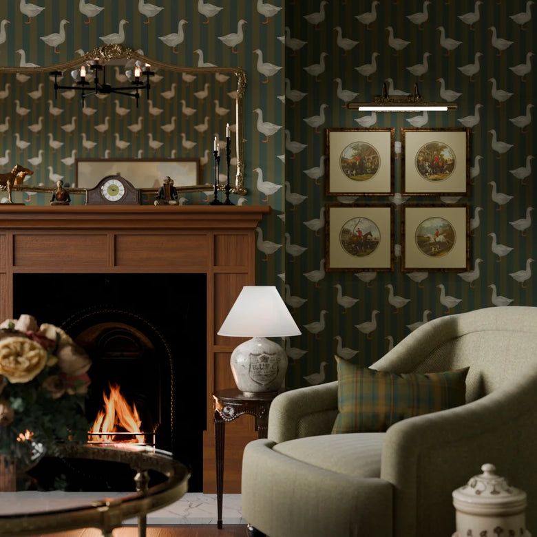 Guard Goose Wallpaper in Gentleman Green and Pine Green