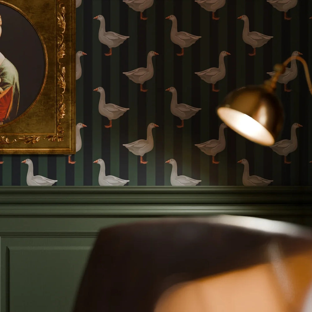 Guard Goose Wallpaper in Oxford Blue and Pine Green