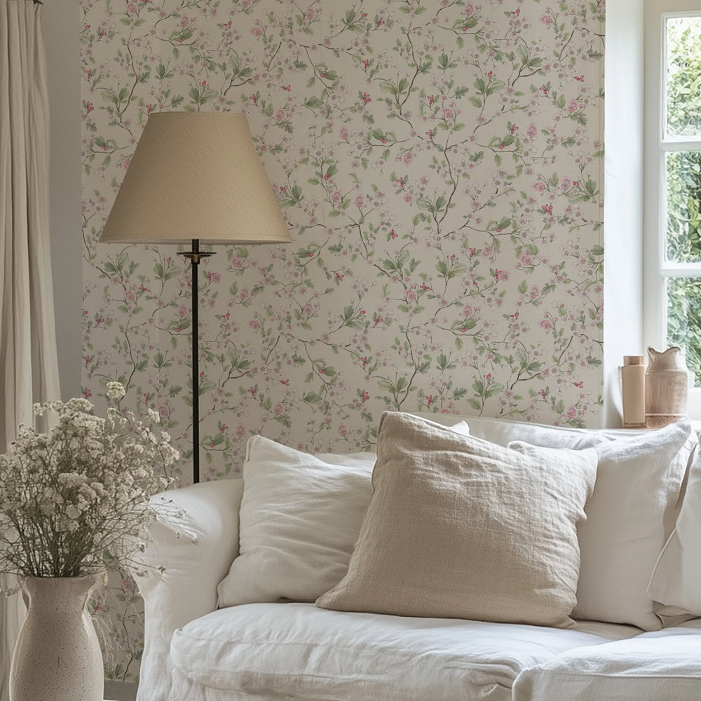 Hawthorn Blossom Wallpaper in Cream