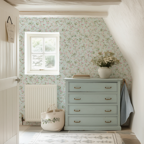 Hawthorn Blossom Wallpaper in Duck Egg