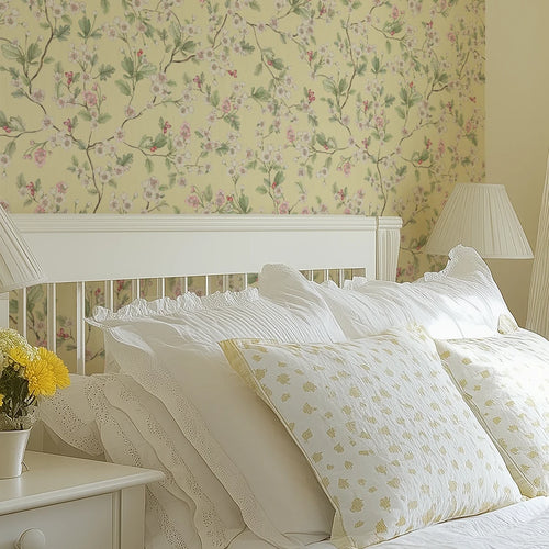Hawthorn Blossom Wallpaper in Lemon