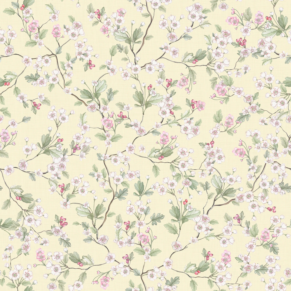 Hawthorn Blossom Wallpaper in Lemon