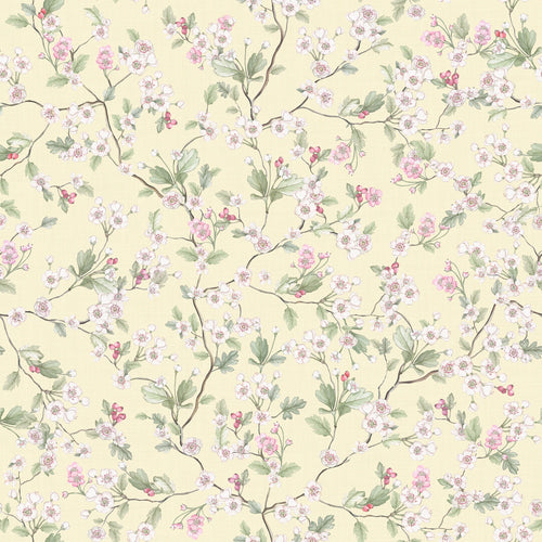 Hawthorn Blossom Wallpaper in Lemon