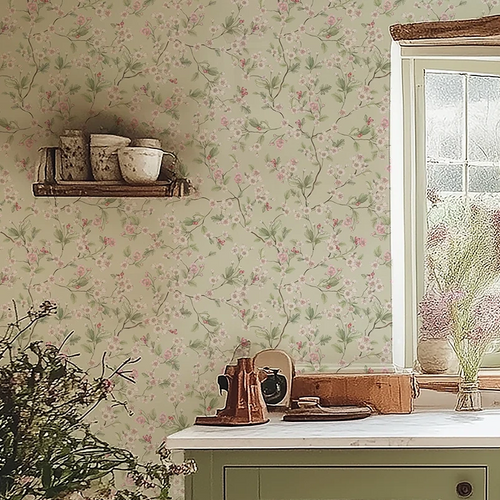 Hawthorn Blossom Wallpaper in Sage