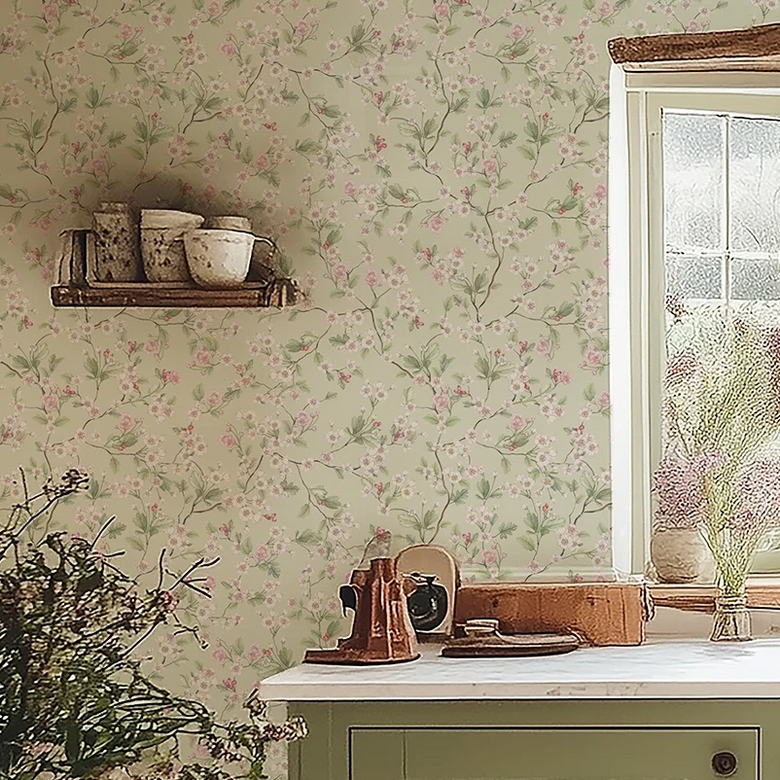 Hawthorn Blossom Wallpaper in Sage