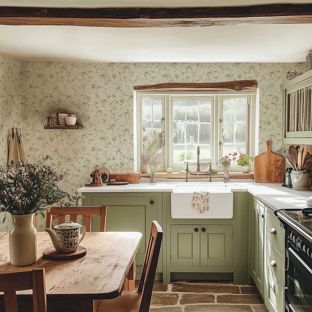 Hawthorn Blossom Wallpaper in Sage