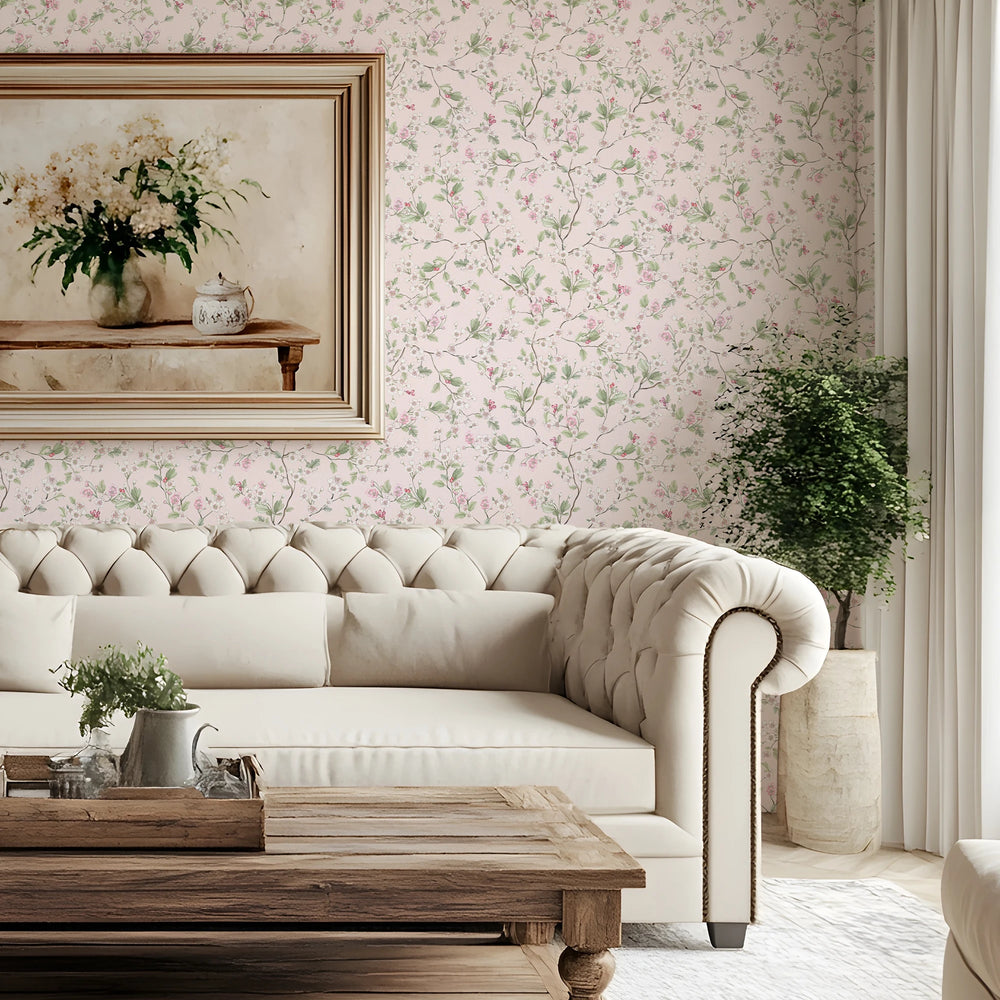 Hawthorn Blossom Wallpaper in Soft Pink