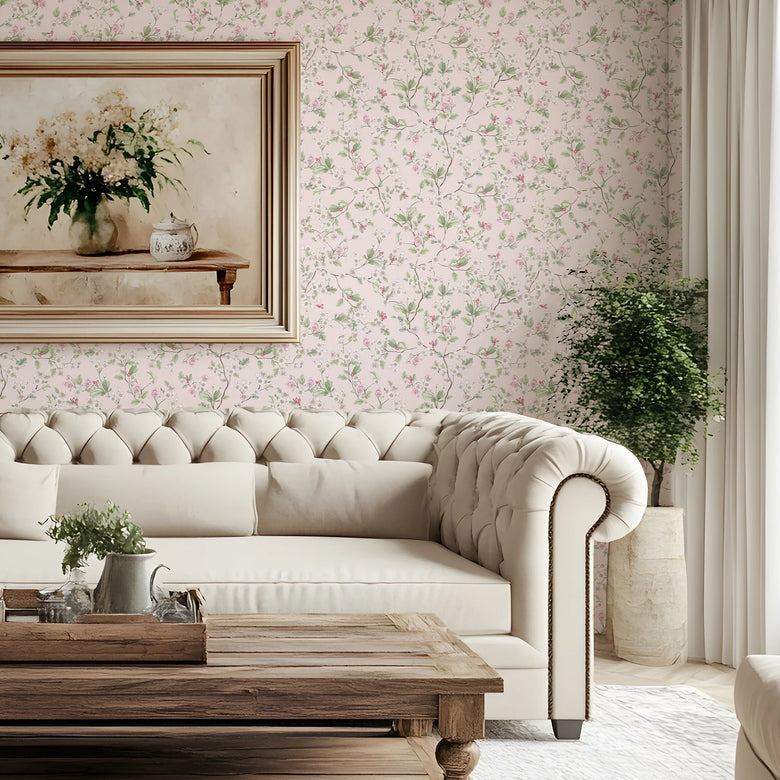 Hawthorn Blossom Wallpaper in Soft Pink