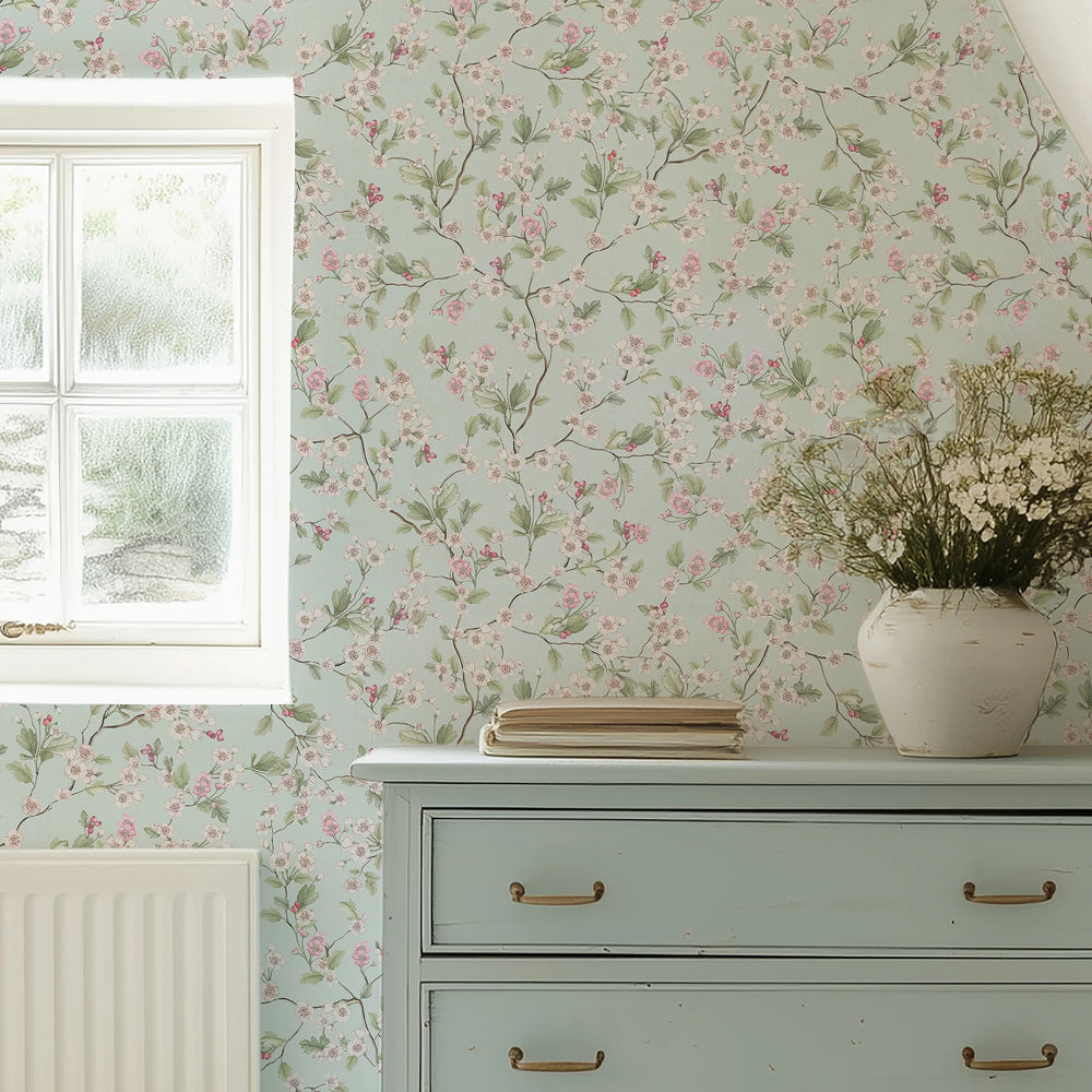 Hawthorn Blossom Wallpaper in Duck Egg