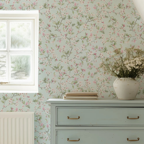 Hawthorn Blossom Wallpaper in Duck Egg
