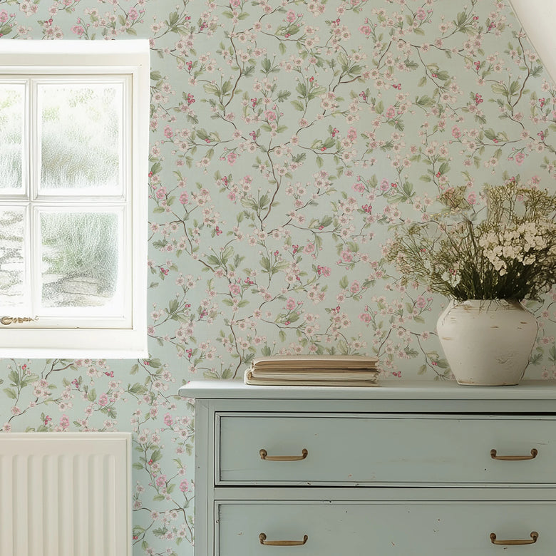 Hawthorn Blossom Wallpaper in Duck Egg