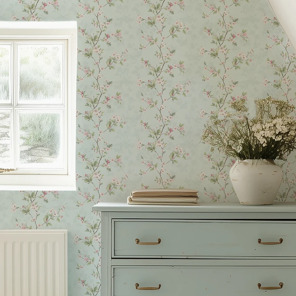 Hawthorn Blossom Wallpaper in Duck Egg