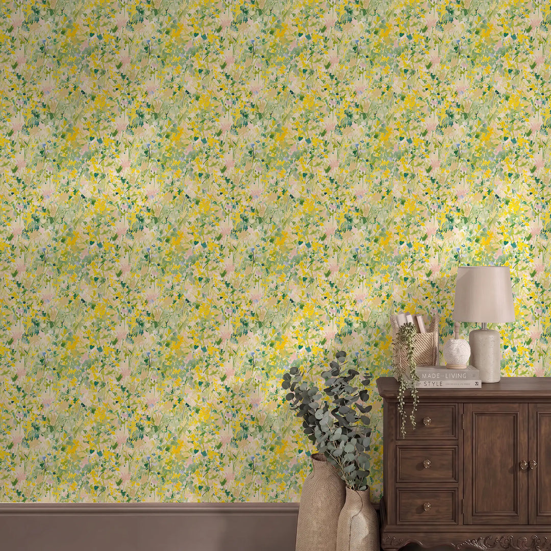 Hazy Meadow Wallpaper in Greens, Yellows and Pink