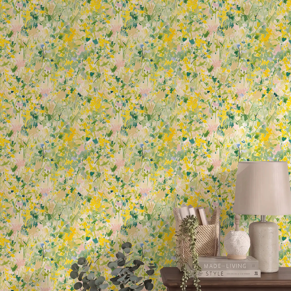 Hazy Meadow Wallpaper in Greens, Yellows and Pink