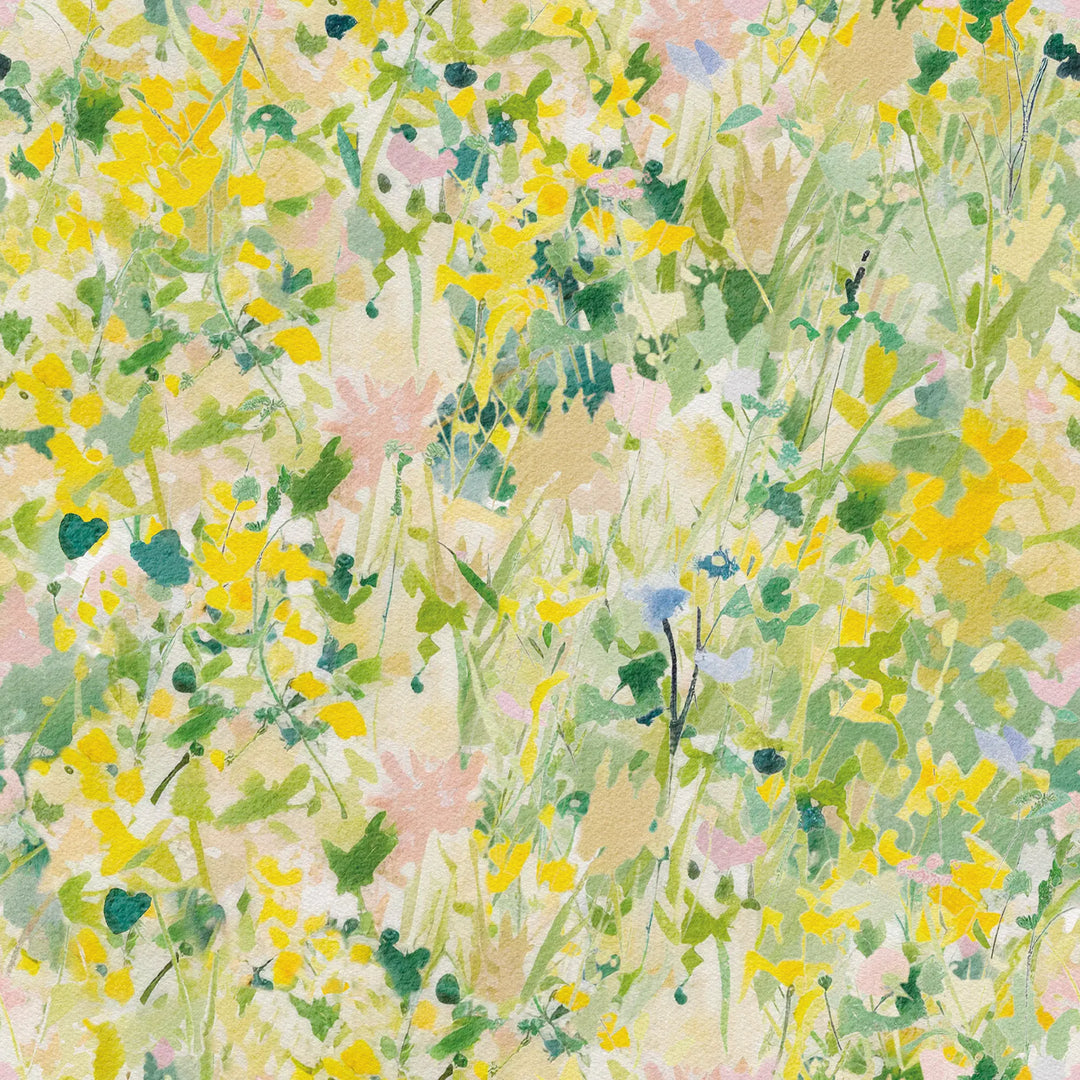 Hazy Meadow Wallpaper in Greens, Yellows and Pink