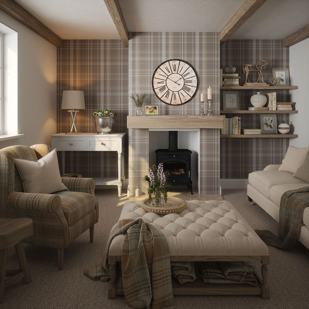 Heritage Tartan Wallpaper in Earl Blue and Vintage Cream on Earl Grey