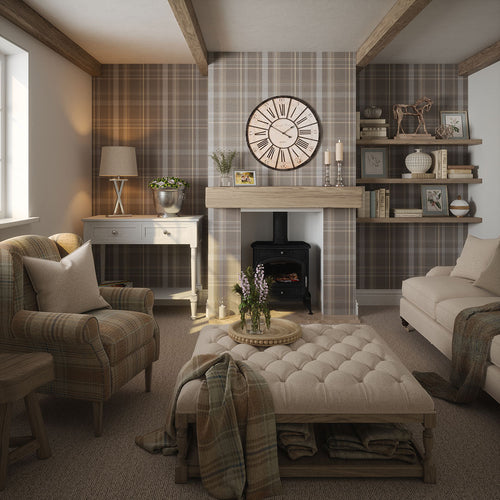 Heritage Tartan Wallpaper in Earl Blue and Vintage Cream on Earl Grey