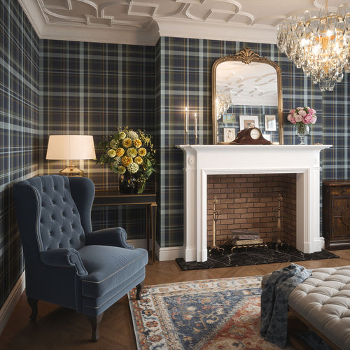 Heritage Tartan Wallpaper in Egyptian Blue and Mineral