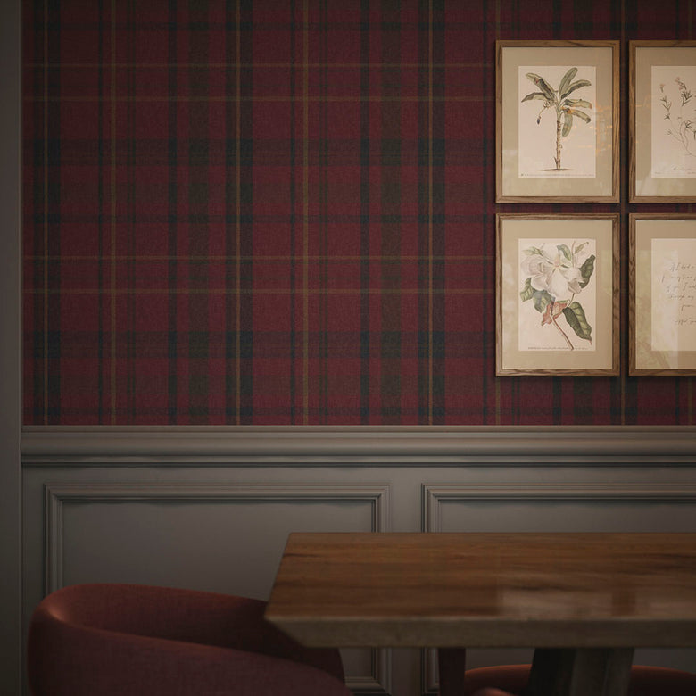 Heritage Tartan Wallpaper in Fig, Oxford Blue and Thistle Green