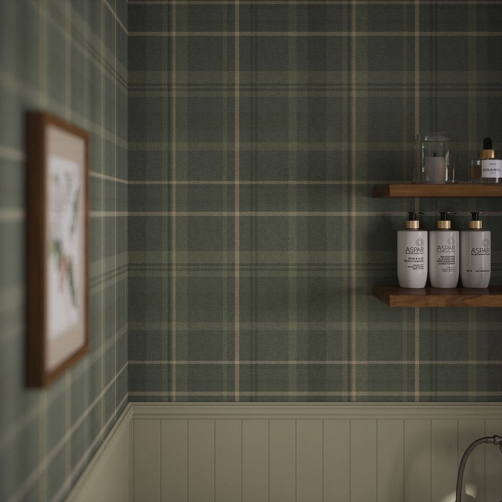 Heritage Tartan Wallpaper in Nettle Green and Vintage Cream