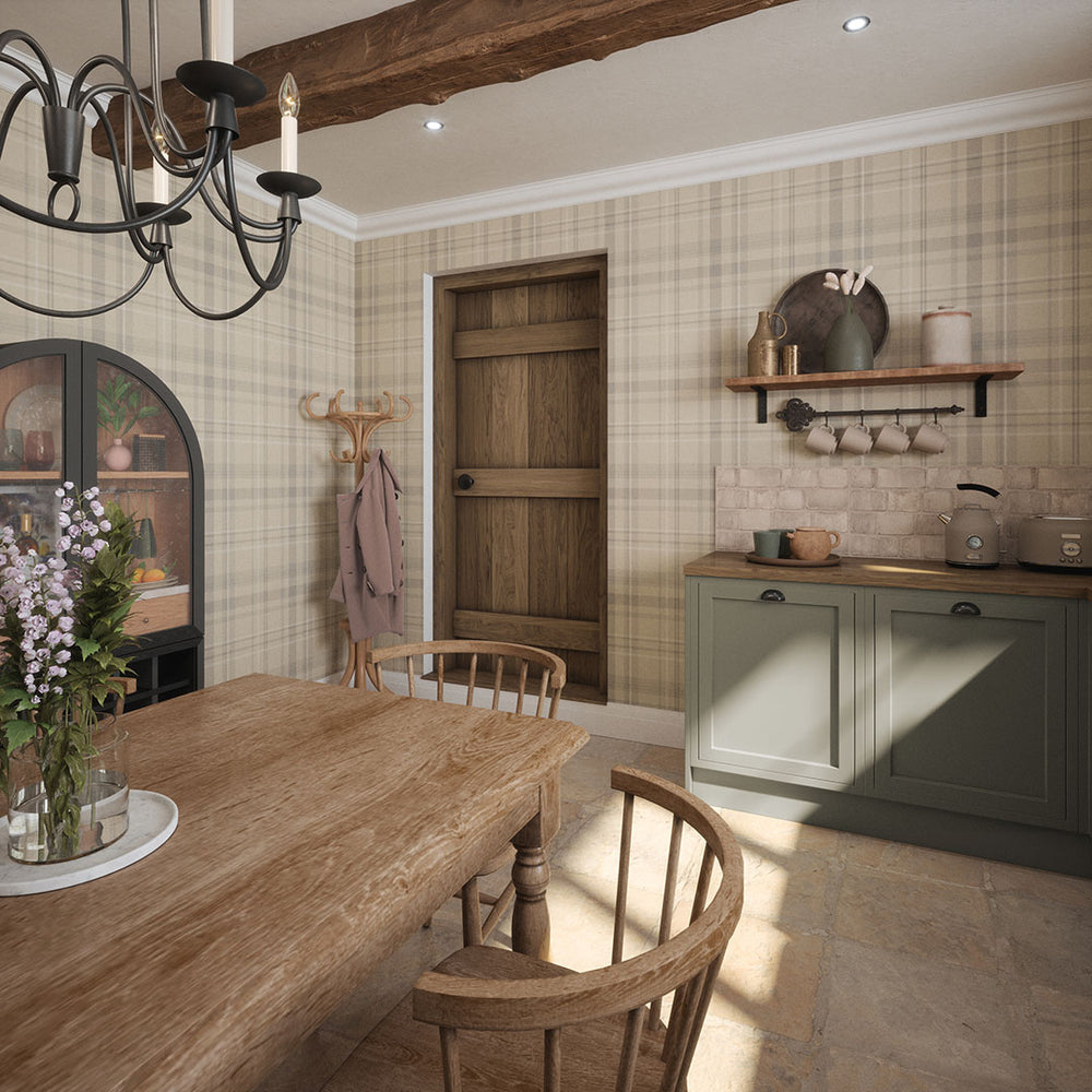 Heritage Tartan Wallpaper in Vintage Cream and Vintage Grey