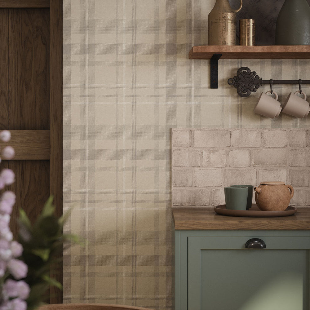 Heritage Tartan Wallpaper in Vintage Cream and Vintage Grey