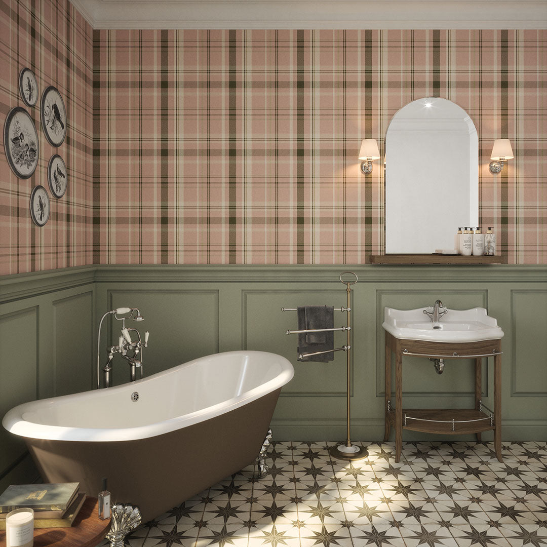 Heritage Tartan Wallpaper in Vintage Rose and Sage