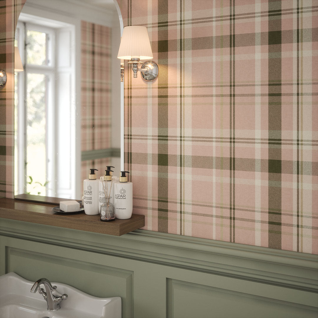 Heritage Tartan Wallpaper in Vintage Rose and Sage