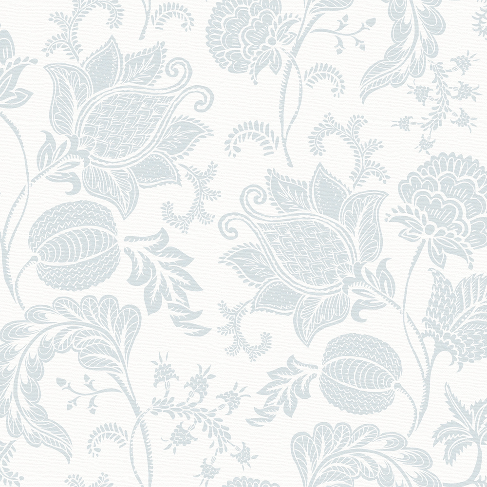 Jacobean Bloom Wallpaper in Light Blue on Milk White