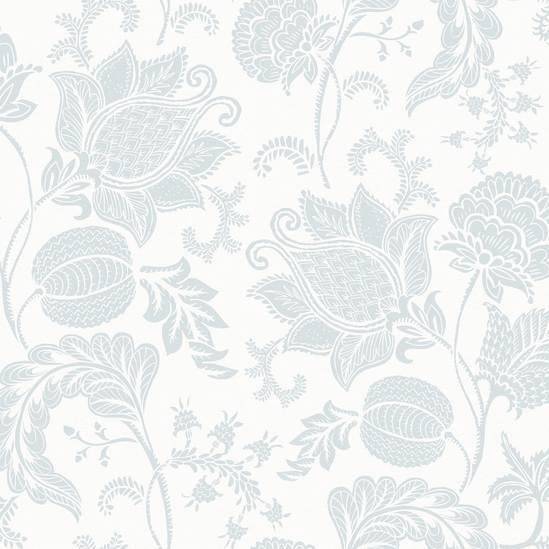 Jacobean Bloom Wallpaper in Light Blue on Milk White